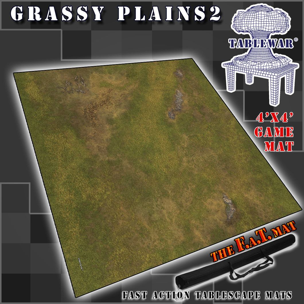 4’x4’ gaming mat with a Grassy Plains theme, marketed for tabletop gaming, accompanied by a black canvas zipper bag TableWar neoprene Tournament Tabletop Game mat 