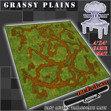 4’x4’ gaming mat with a Grassy Plains theme, marketed for tabletop gaming, accompanied by a black canvas zipper bag TableWar neoprene Tournament Tabletop Game mat 