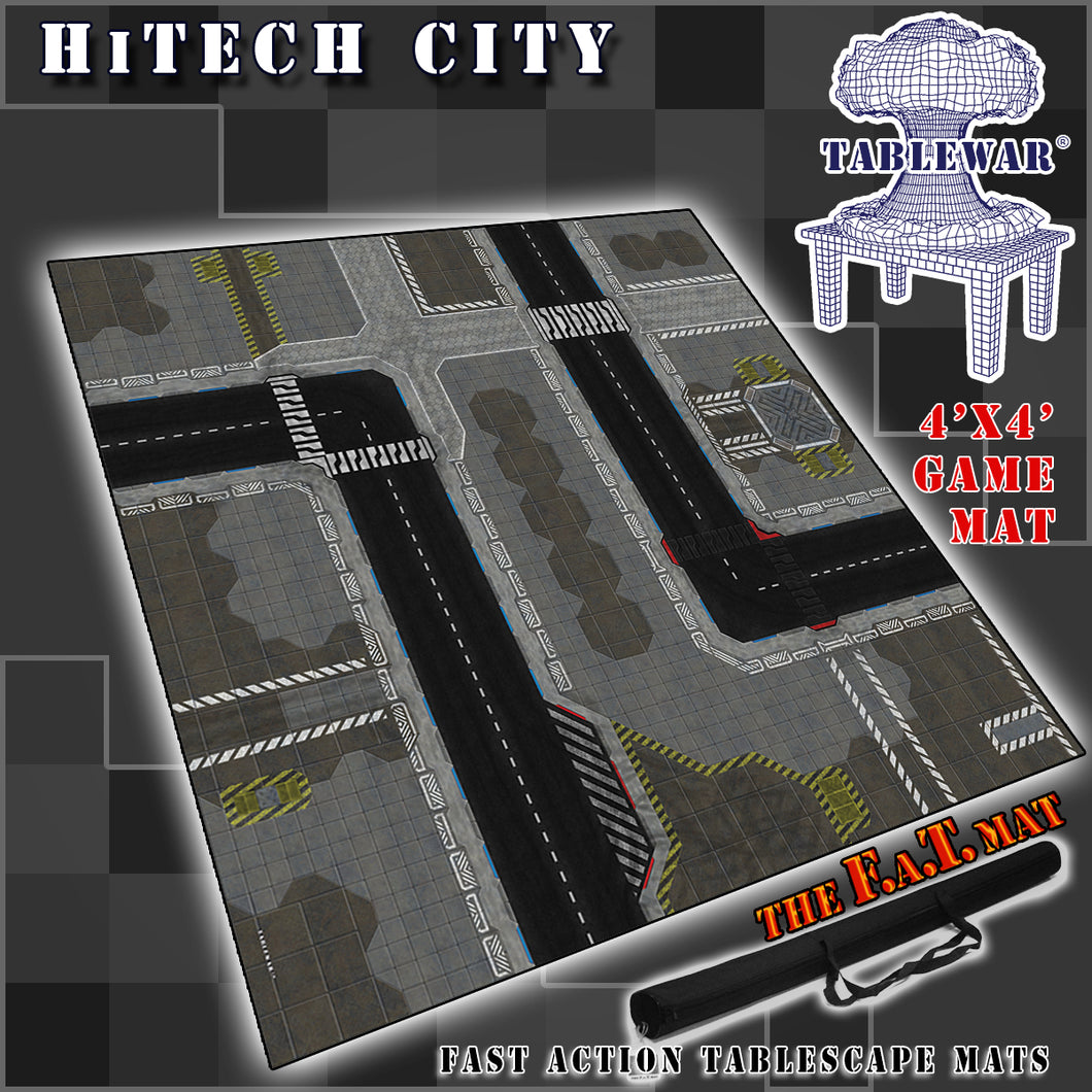 4’x4’ gaming mat with a HiTech City theme, marketed for tabletop gaming, accompanied by a black canvas zipper bag TableWar neoprene Tournament Tabletop Game mat 