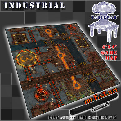 4’x4’ gaming mat with a Industrial city theme, marketed for tabletop gaming, accompanied by a black canvas zipper bag TableWar neoprene Tournament Tabletop Game mat 

