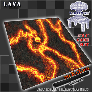4’x4’ gaming mat with a Lava theme, marketed for tabletop gaming, accompanied by a black canvas zipper bag TableWar neoprene Tournament Tabletop Game mat