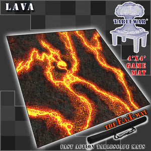 4’x4’ gaming mat with a Lava theme, marketed for tabletop gaming, accompanied by a black canvas zipper bag TableWar neoprene Tournament Tabletop Game mat