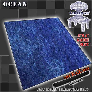 4’x4’ gaming mat with a Ocean Deep Sea theme, marketed for tabletop gaming, accompanied by a black canvas zipper bag TableWar neoprene Tournament Tabletop Game mat 
