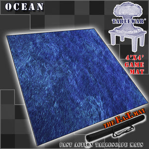 4’x4’ gaming mat with a Ocean Deep Sea theme, marketed for tabletop gaming, accompanied by a black canvas zipper bag TableWar neoprene Tournament Tabletop Game mat 

