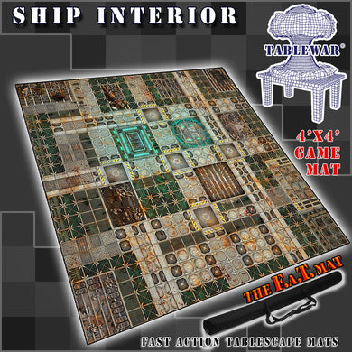 4’x4’ gaming mat with a Ship Interior theme, marketed for tabletop gaming, accompanied by a black canvas zipper bag TableWar neoprene Tournament Tabletop Game mat