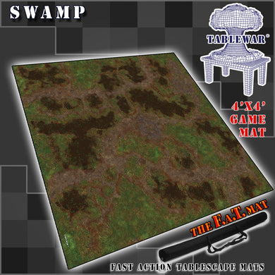 4’x4’ gaming mat with a Swamp Jungle theme, marketed for tabletop gaming, accompanied by a black canvas zipper bag TableWar neoprene Tournament Tabletop Game mat 