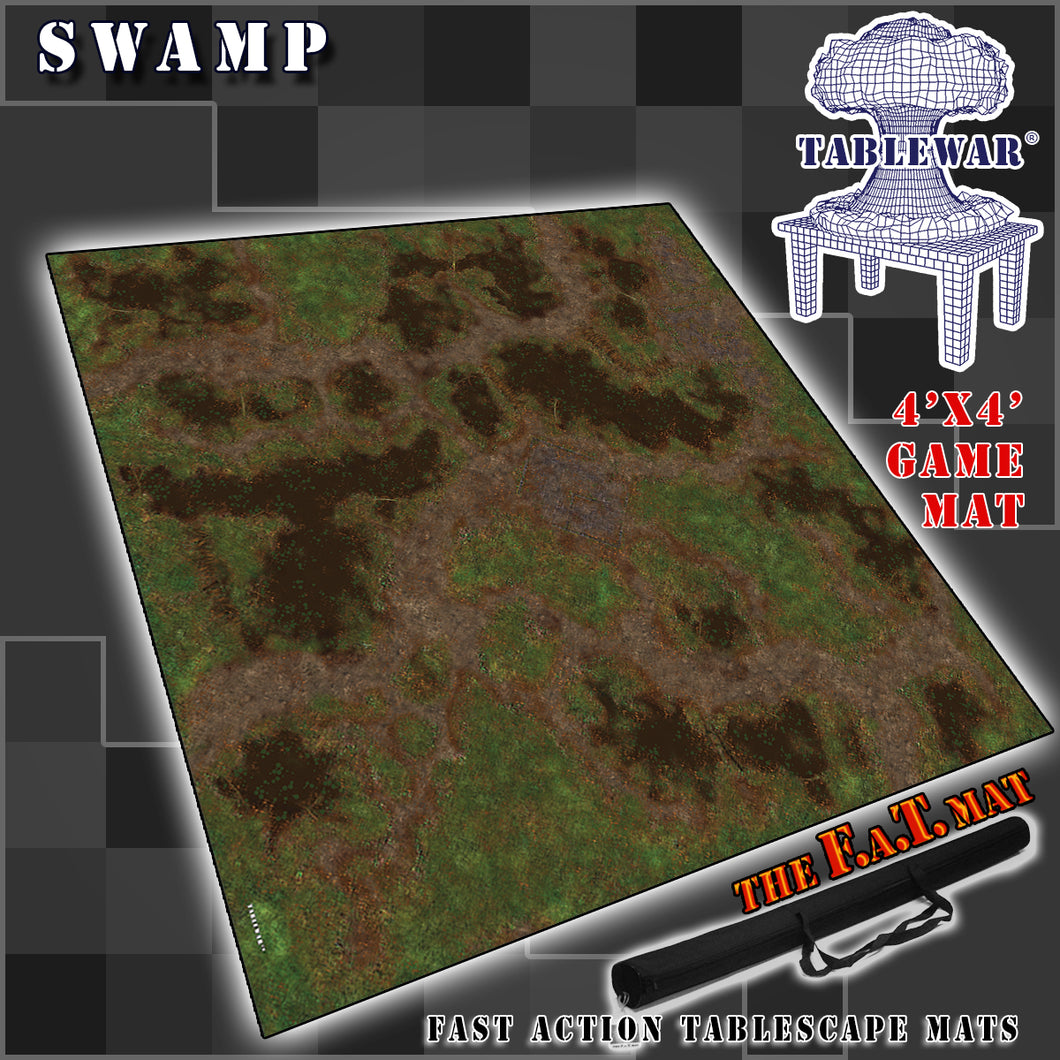 4’x4’ gaming mat with a Swamp Jungle theme, marketed for tabletop gaming, accompanied by a black canvas zipper bag TableWar neoprene Tournament Tabletop Game mat 