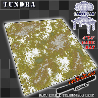 4’x4’ gaming mat with a Tundra theme, marketed for tabletop gaming, accompanied by a black canvas zipper bag TableWar neoprene Tournament Tabletop Game mat
