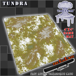 4’x4’ gaming mat with a Tundra theme, marketed for tabletop gaming, accompanied by a black canvas zipper bag TableWar neoprene Tournament Tabletop Game mat