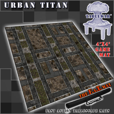 4’x4’ gaming mat with a Urban Titan City theme, marketed for tabletop gaming, accompanied by a black canvas zipper bag TableWar neoprene Tournament Tabletop Game mat 