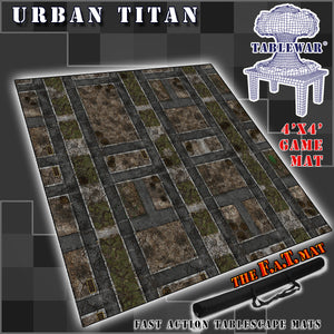 4’x4’ gaming mat with a Urban Titan City theme, marketed for tabletop gaming, accompanied by a black canvas zipper bag TableWar neoprene Tournament Tabletop Game mat 