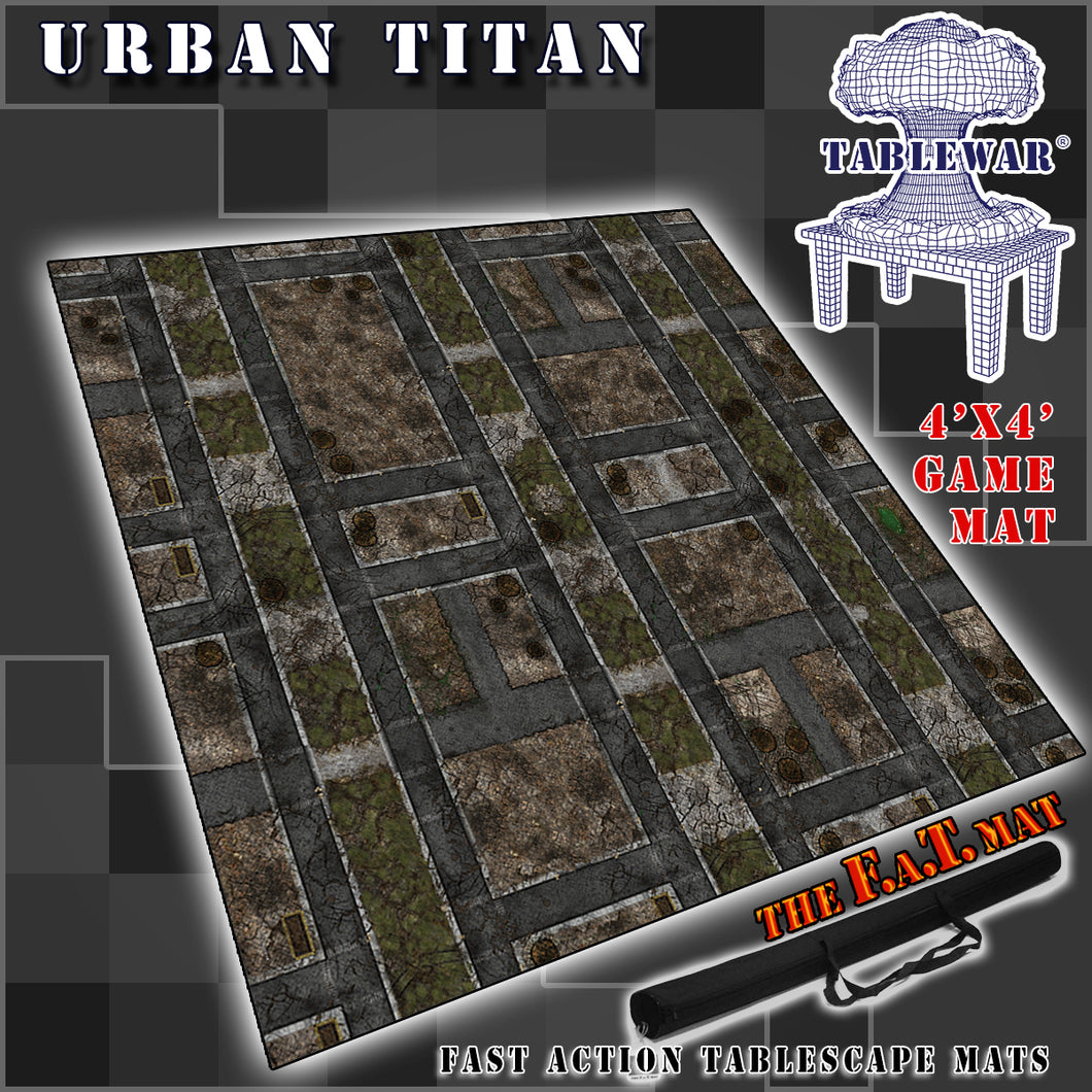 4’x4’ gaming mat with a Urban Titan City theme, marketed for tabletop gaming, accompanied by a black canvas zipper bag TableWar neoprene Tournament Tabletop Game mat 