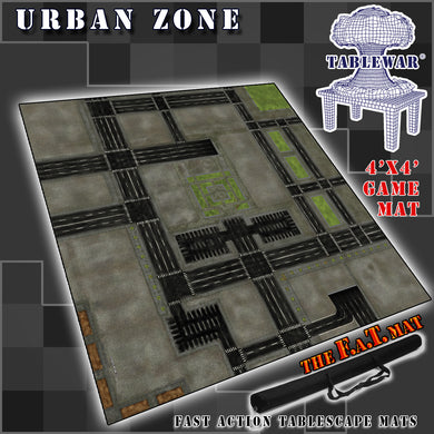 4’x4’ gaming mat with a City Blocks Urban theme, marketed for tabletop gaming, accompanied by a black canvas zipper bag TableWar neoprene Tournament Tabletop Game mat