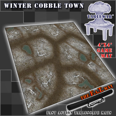 4’x4’ gaming mat with a Winter Cobblestone Town theme, marketed for tabletop gaming, accompanied by a black canvas zipper bag TableWar neoprene Tournament Tabletop Game mat 
