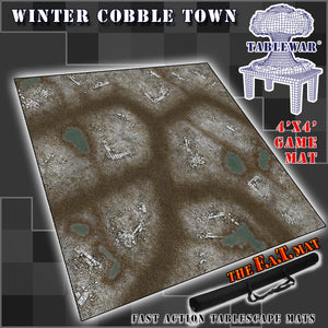 4’x4’ gaming mat with a Winter Cobblestone Town theme, marketed for tabletop gaming, accompanied by a black canvas zipper bag TableWar neoprene Tournament Tabletop Game mat 