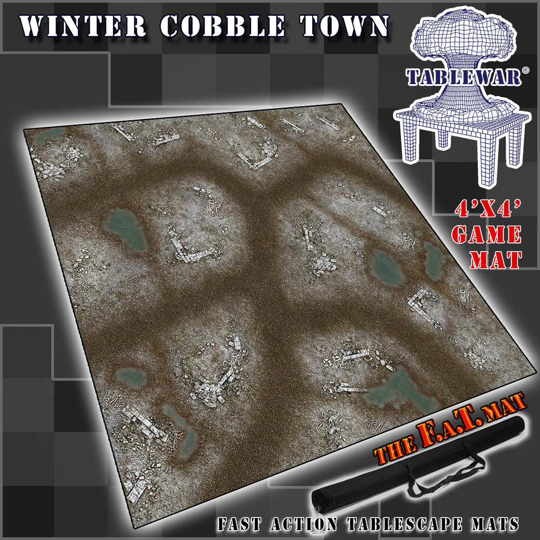 4’x4’ gaming mat with a Winter Cobblestone Town theme, marketed for tabletop gaming, accompanied by a black canvas zipper bag TableWar neoprene Tournament Tabletop Game mat 