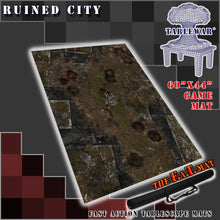 Load image into Gallery viewer, 60x44 inch gaming mat with a Ruined city Urban theme, marketed for tabletop gaming, accompanied by a black canvas zipper bag TableWar neoprene Tournament Tabletop Game mat warhammer

