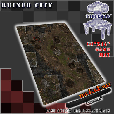 60x44 inch gaming mat with a Ruined city Urban theme, marketed for tabletop gaming, accompanied by a black canvas zipper bag TableWar neoprene Tournament Tabletop Game mat warhammer