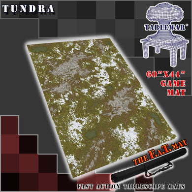 60x44 inch gaming mat with a Tundra theme, marketed for tabletop gaming, accompanied by a black canvas zipper bag TableWar neoprene Tournament Tabletop Game mat warhammer