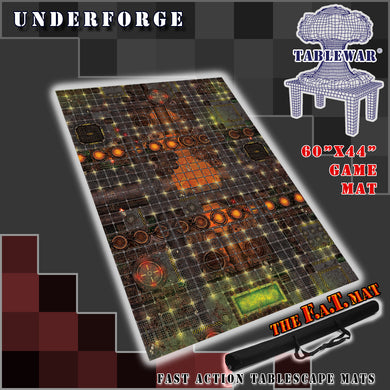 60x44 inch gaming mat with a Underforge Industrial theme, marketed for tabletop gaming, accompanied by a black canvas zipper bag TableWar neoprene Tournament Tabletop Game mat warhammer
