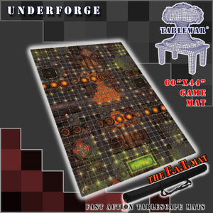 60x44 inch gaming mat with a Underforge Industrial theme, marketed for tabletop gaming, accompanied by a black canvas zipper bag TableWar neoprene Tournament Tabletop Game mat warhammer
