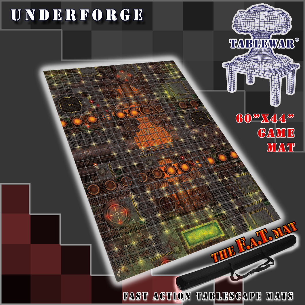60x44 inch gaming mat with a Underforge Industrial theme, marketed for tabletop gaming, accompanied by a black canvas zipper bag TableWar neoprene Tournament Tabletop Game mat warhammer
