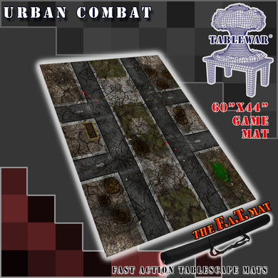 60x44 inch gaming mat with a Urban Combat City theme, marketed for tabletop gaming, accompanied by a black canvas zipper bag TableWar neoprene Tournament Tabletop Game mat warhammer