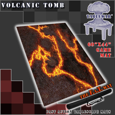 60x44 inch gaming mat with a Volcanic Tomb LAVA theme, marketed for tabletop gaming, accompanied by a black canvas zipper bag TableWar neoprene Tournament Tabletop Game mat warhammer