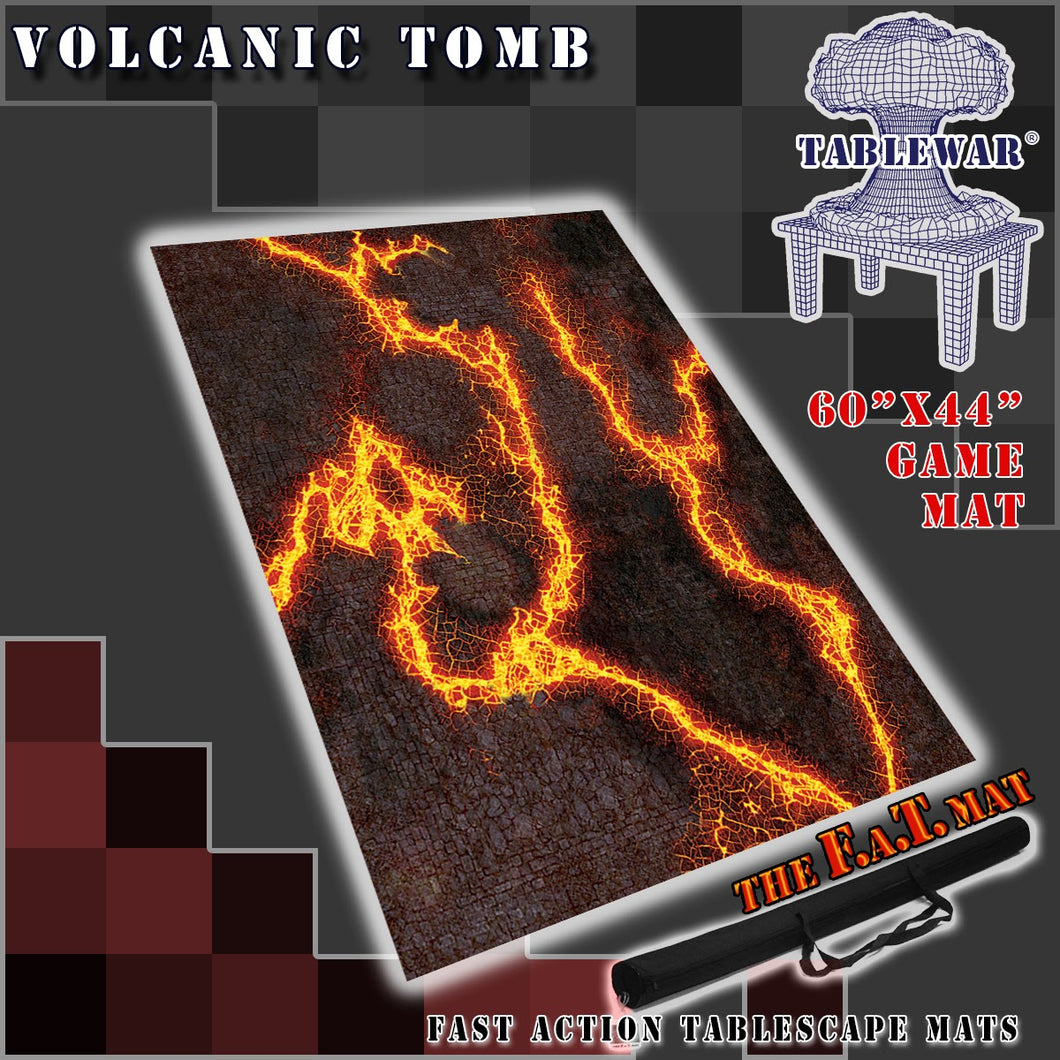 60x44 inch gaming mat with a Volcanic Tomb LAVA theme, marketed for tabletop gaming, accompanied by a black canvas zipper bag TableWar neoprene Tournament Tabletop Game mat warhammer