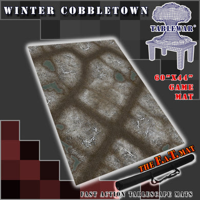 60x44 inch gaming mat with a Winter Cobblestone Town theme, marketed for tabletop gaming, accompanied by a black canvas zipper bag TableWar neoprene Tournament Tabletop Game mat warhammer