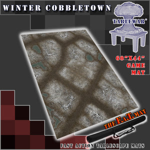 60x44 inch gaming mat with a Winter Cobblestone Town theme, marketed for tabletop gaming, accompanied by a black canvas zipper bag TableWar neoprene Tournament Tabletop Game mat warhammer