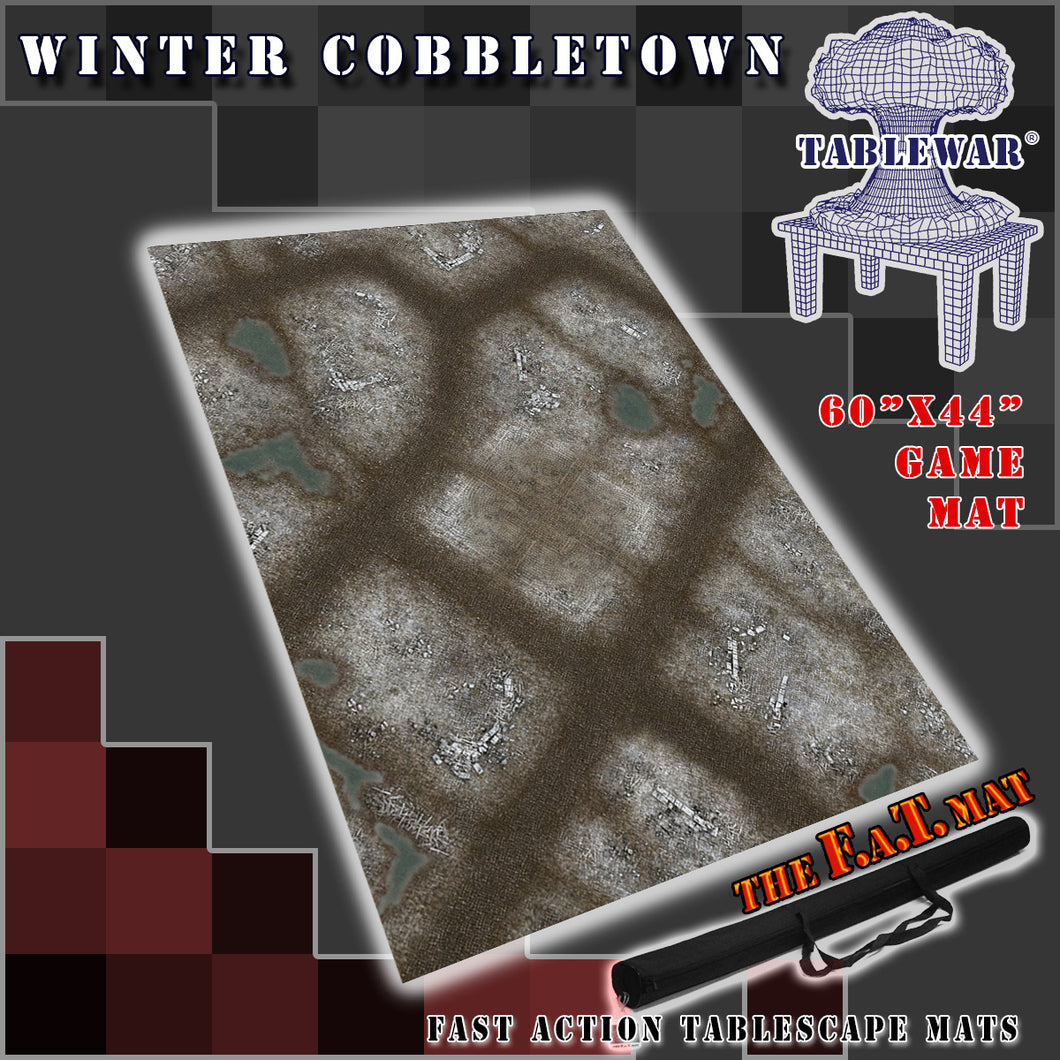60x44 inch gaming mat with a Winter Cobblestone Town theme, marketed for tabletop gaming, accompanied by a black canvas zipper bag TableWar neoprene Tournament Tabletop Game mat warhammer