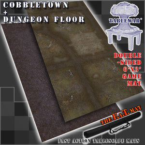6x3 inch double-sided gaming mat with a Cobblestone town and dungeon floor theme, marketed for tabletop gaming, accompanied by a black canvas zipper bag TableWar neoprene Tournament Tabletop Game mat warhammer