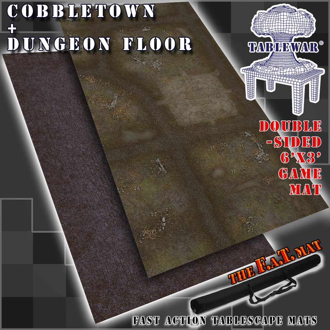 6x3 inch double-sided gaming mat with a Cobblestone town and dungeon floor theme, marketed for tabletop gaming, accompanied by a black canvas zipper bag TableWar neoprene Tournament Tabletop Game mat warhammer
