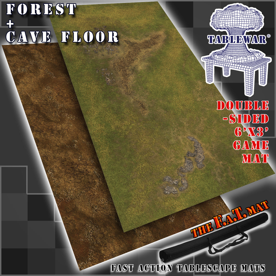 6x3' double-sided gaming mat with a Forest grassy cave floor theme, marketed for tabletop gaming, accompanied by a black canvas zipper bag TableWar neoprene Tournament Tabletop Game mat warhammer