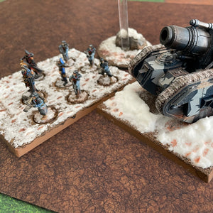 ‘Cracked Earth’ design shown with miniatures on our gaming mat with a cracked earth theme, marketed for tabletop gaming, accompanied by a black canvas zipper bag TableWar neoprene Tournament Tabletop Game mat 