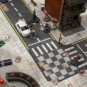 3x3 gaming mat with a Tech City Block theme, featuring a city street with marketed for tabletop gaming, accompanied by a black canvas zipper bag TableWar neoprene Marvel Tournament Tabletop Game mat
