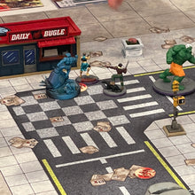 Load image into Gallery viewer, 3x3 gaming mat with a Tech City Block theme, featuring a city street with marketed for tabletop gaming, accompanied by a black canvas zipper bag TableWar neoprene Marvel Tournament Tabletop Game mat
