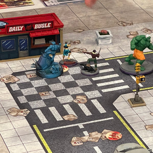 3x3 gaming mat with a Tech City Block theme, featuring a city street with marketed for tabletop gaming, accompanied by a black canvas zipper bag TableWar neoprene Marvel Tournament Tabletop Game mat