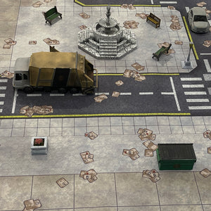 3x3 gaming mat with a Tech City Block theme, featuring a city street with marketed for tabletop gaming, accompanied by a black canvas zipper bag TableWar neoprene Marvel Tournament Tabletop Game mat
